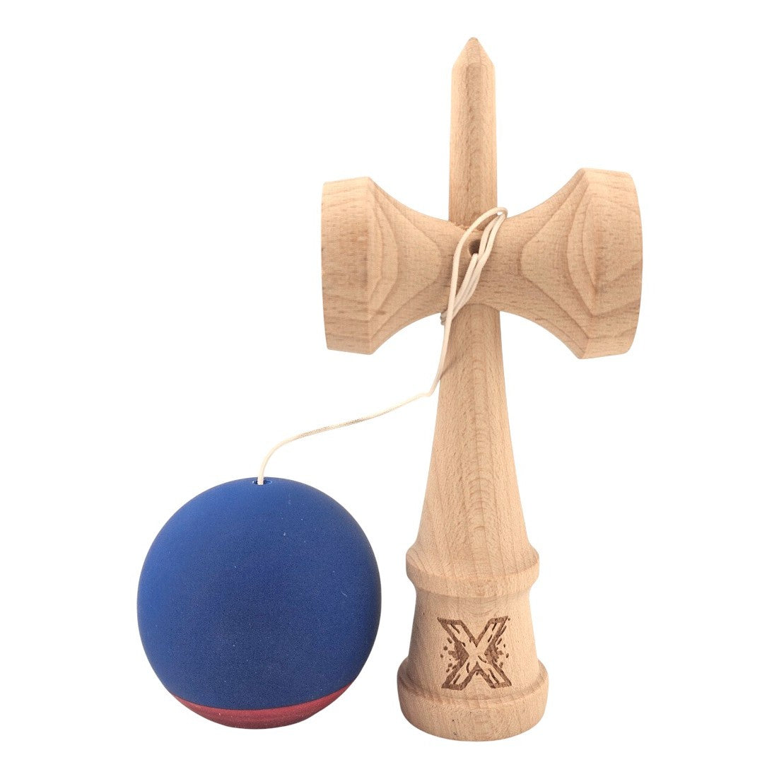 Kendama X Originala, Profesionala, Klevo, din Lemn, 18 cm, Rubber Grip, Albastru inchis/Rosu