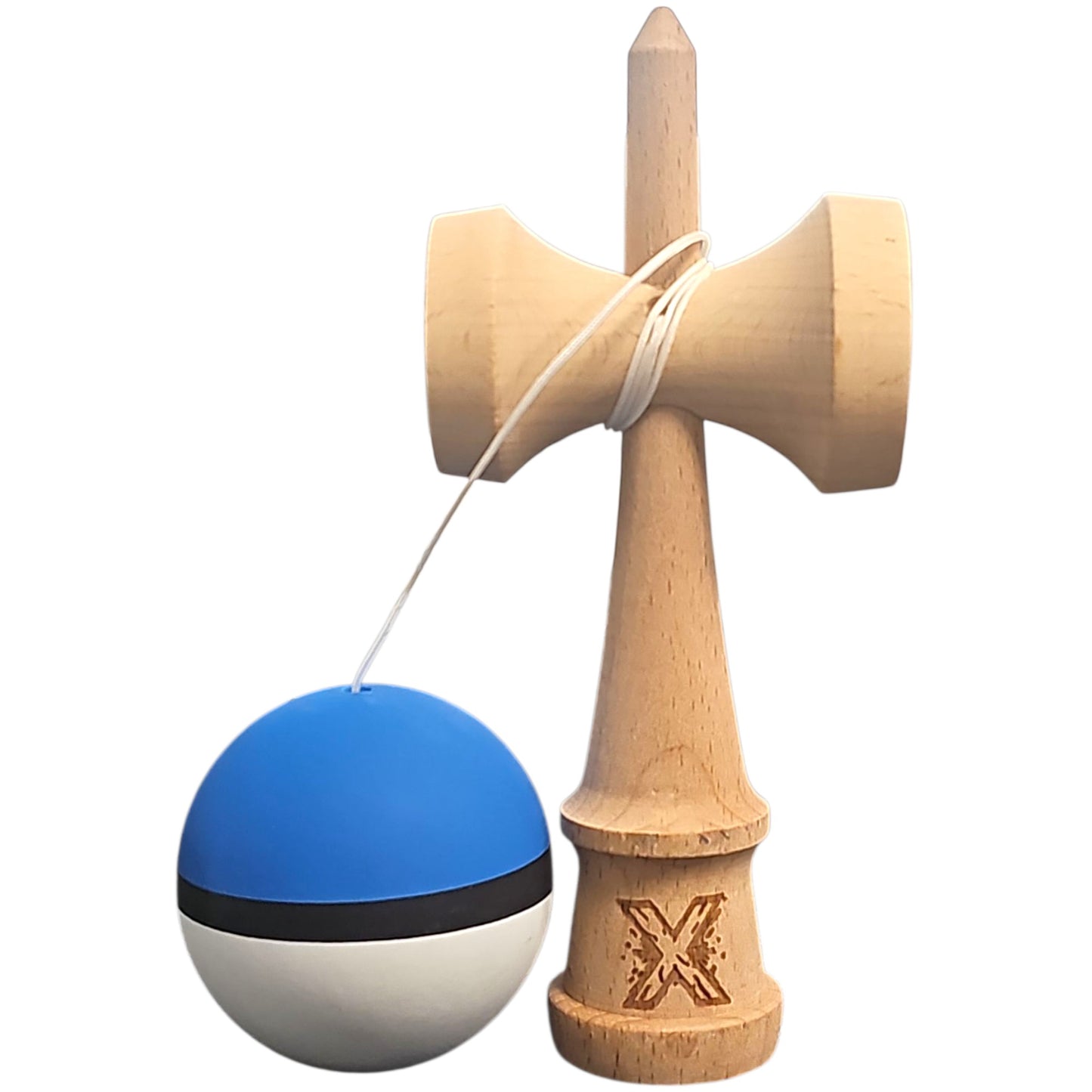 Kendama X Originala, Profesionala, Klevo, din Lemn, 18 cm, Rubber Grip, Albastru/Negru/Alb