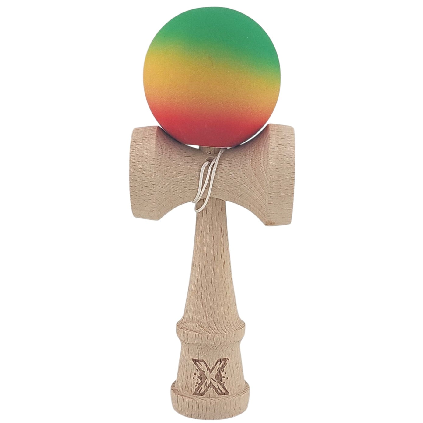 Kendama X Originala, Profesionala, Klevo, din Lemn, Rubber Grip, 18 cm, Gradient Verde/Galben/Rosu