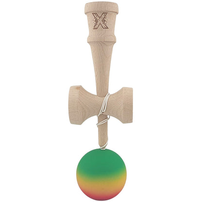 Kendama X Originala, Profesionala, Klevo, din Lemn, Rubber Grip, 18 cm, Gradient Verde/Galben/Rosu