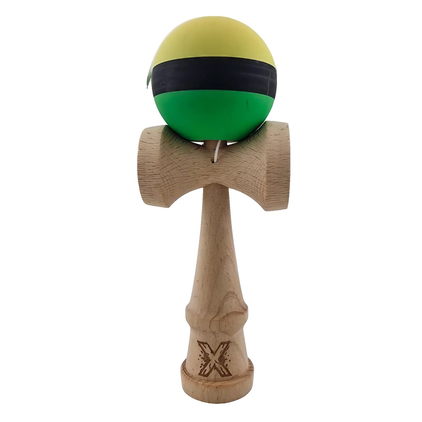 Kendama X Originala, Profesionala, Klevo, din Lemn, Rubber Grip, 18 cm, Galben/Negru/Verde