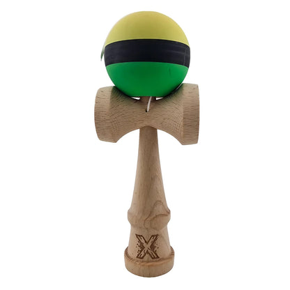 Kendama X Originala, Profesionala, Klevo, din Lemn, Rubber Grip, 18 cm, Galben/Negru/Verde