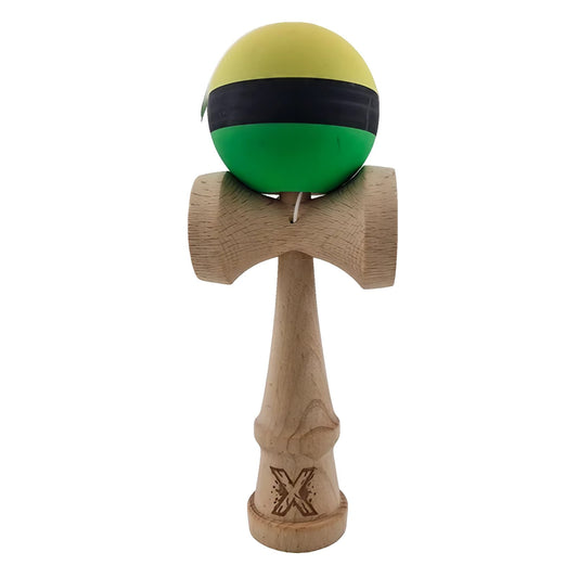 Kendama X Originala, Profesionala, Klevo, din Lemn, Rubber Grip, 18 cm, Galben/Negru/Verde