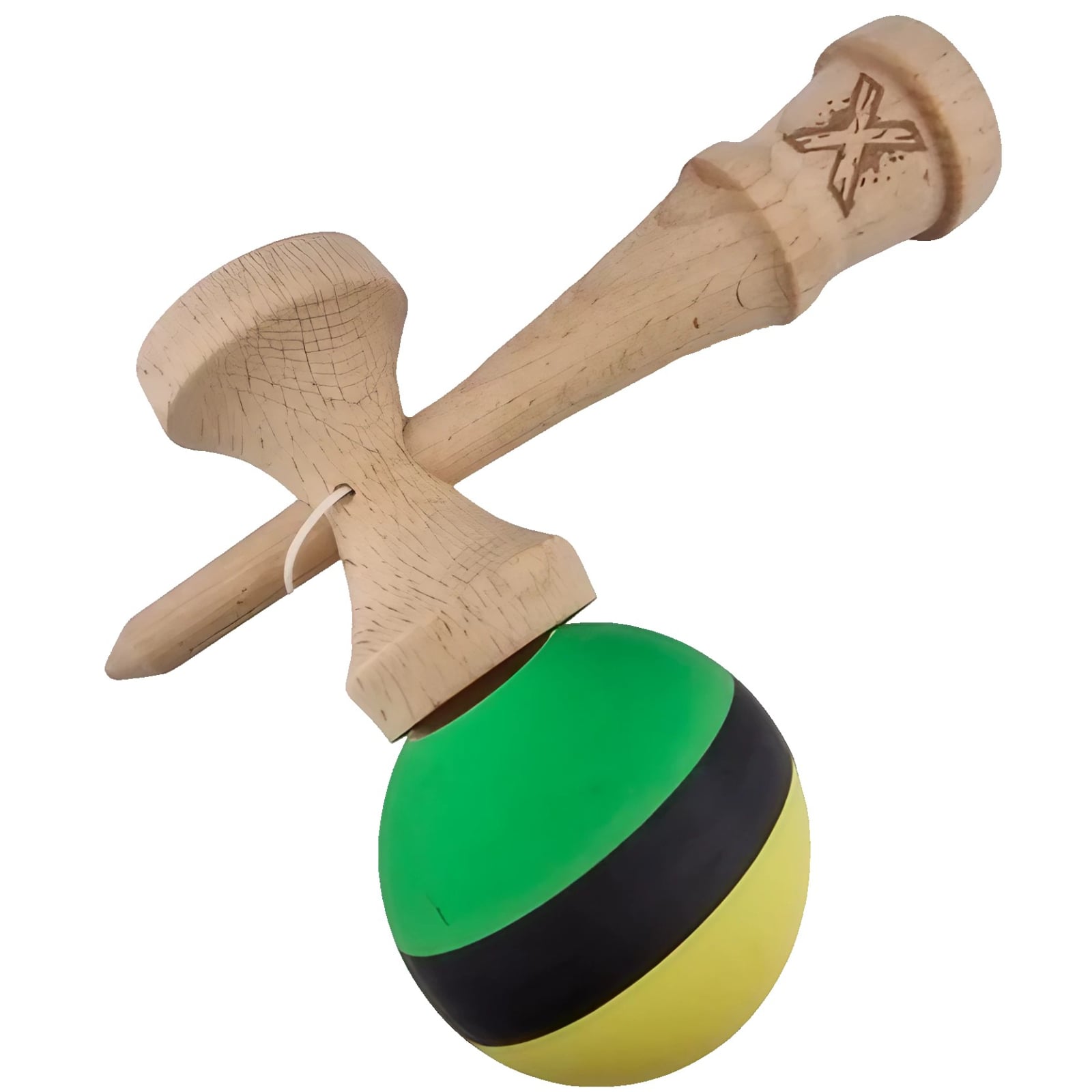 Kendama X Originala, Profesionala, Klevo, din Lemn, Rubber Grip, 18 cm, Galben/Negru/Verde