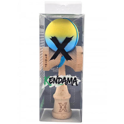 Kendama X Originala, Profesionala, Klevo, Big Cups V2, Rubber Grip cu Cupe Mari, Rulment Metalic cu Ata 55 cm, Gradient Galben/Albastru