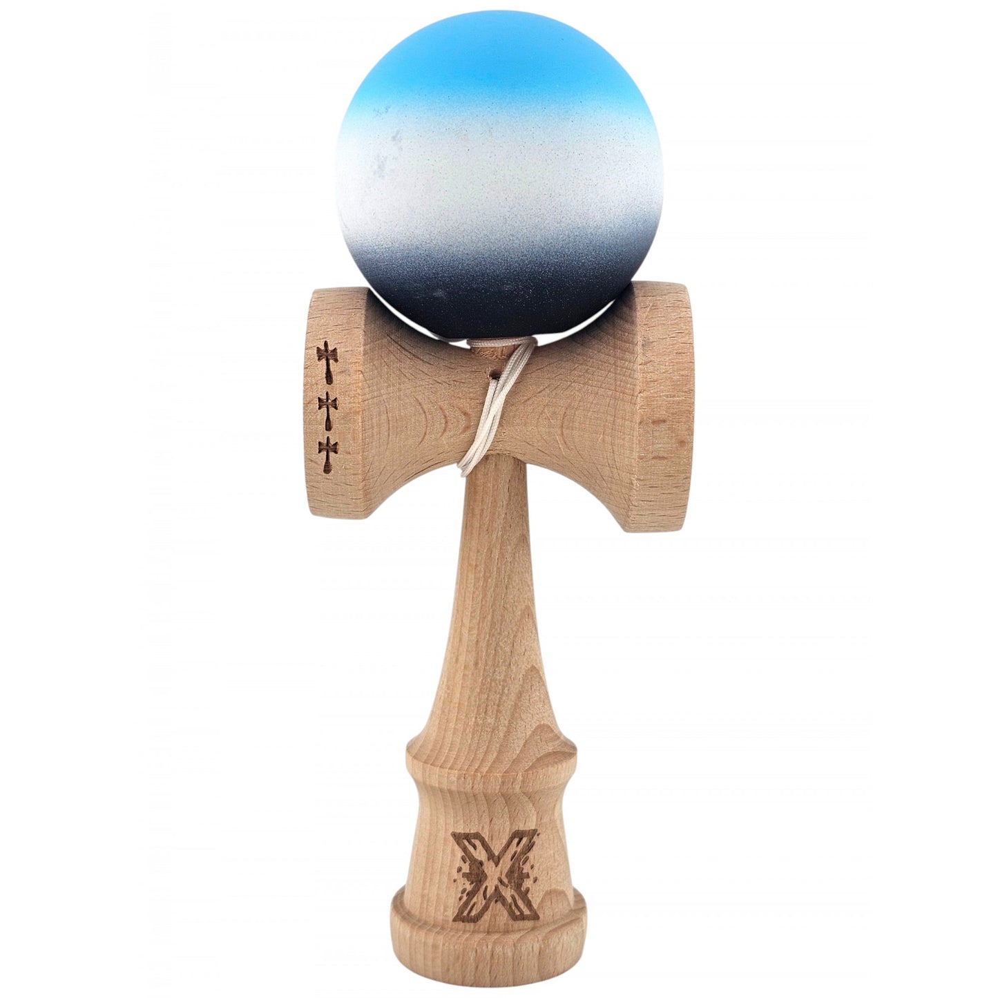 Kendama X Originala, Profesionala, Klevo, Big Cups V2, Rubber Grip cu Cupe Mari, Rulment Metalic cu Ata 55 cm, Gradient Albastru/Alb/Negru