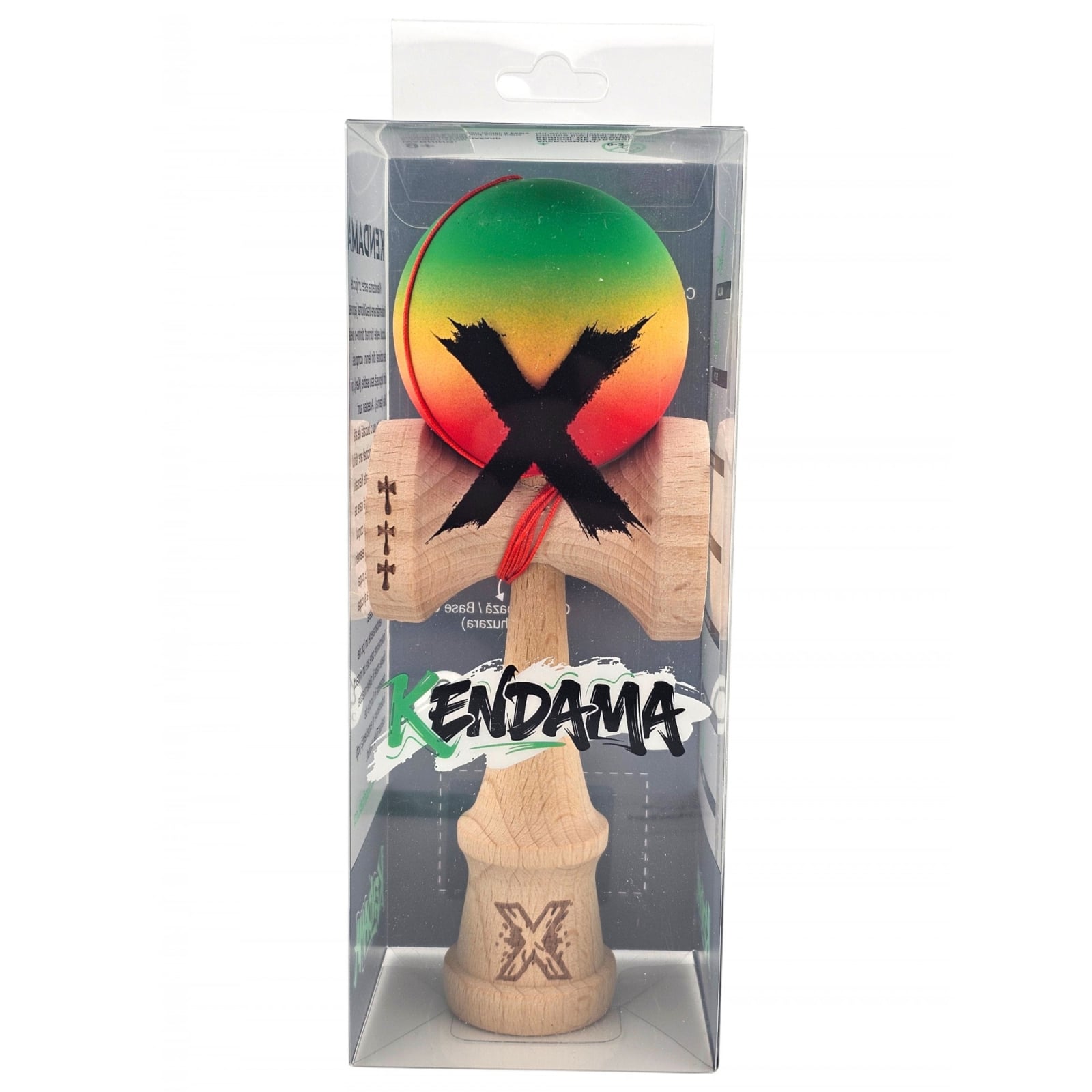 Kendama X Originala, Profesionala, Klevo, Big Cups V2, Rubber Grip cu Cupe Mari, Rulment Metalic cu Ata 55 cm, Verde/Galben/Rosu