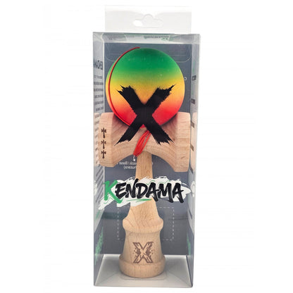 Kendama X Originala, Profesionala, Klevo, Big Cups V2, Rubber Grip cu Cupe Mari, Rulment Metalic cu Ata 55 cm, Verde/Galben/Rosu