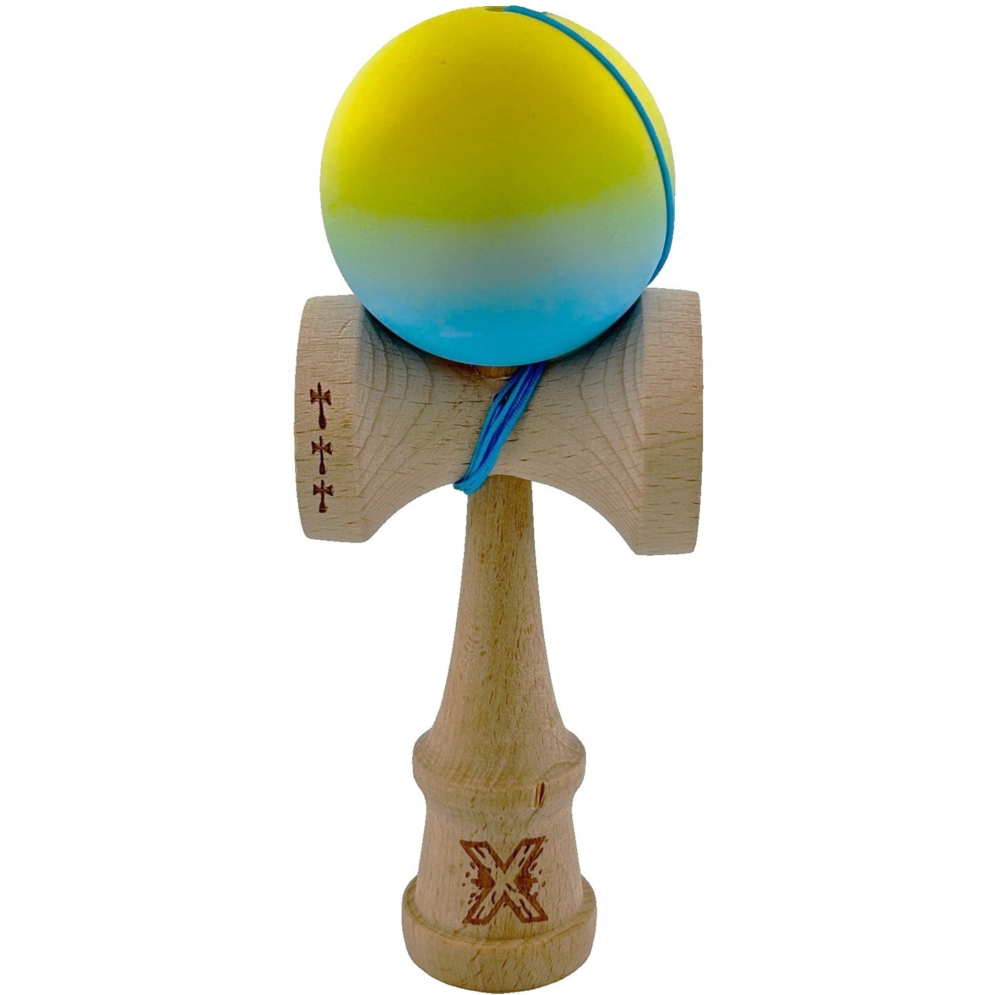 Kendama X Originala, Profesionala, Klevo, Big Cups V2, Rubber Grip cu Cupe Mari, Rulment Metalic cu Ata 55 cm, Gradient Galben/Albastru