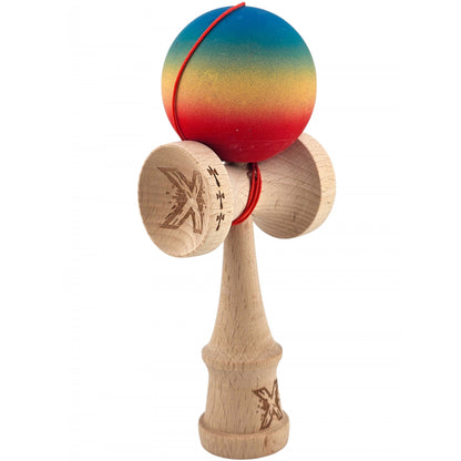 Kendama X Originala, Profesionala, Klevo, Big Cups V2, Rubber Grip cu Cupe Mari, Rulment Metalic cu Ata 55 cm, Gradient Albastru/Galben/Rosu