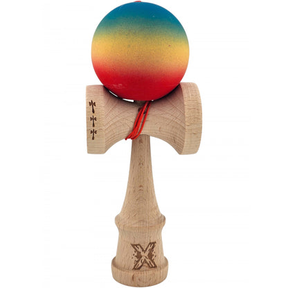 Kendama X Originala, Profesionala, Klevo, Big Cups V2, Rubber Grip cu Cupe Mari, Rulment Metalic cu Ata 55 cm, Gradient Albastru/Galben/Rosu
