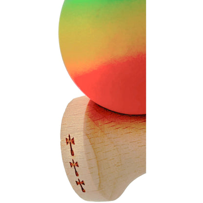 Kendama X Originala, Profesionala, Klevo, Big Cups V2, Rubber Grip cu Cupe Mari, Rulment Metalic cu Ata 55 cm, Verde/Galben/Rosu