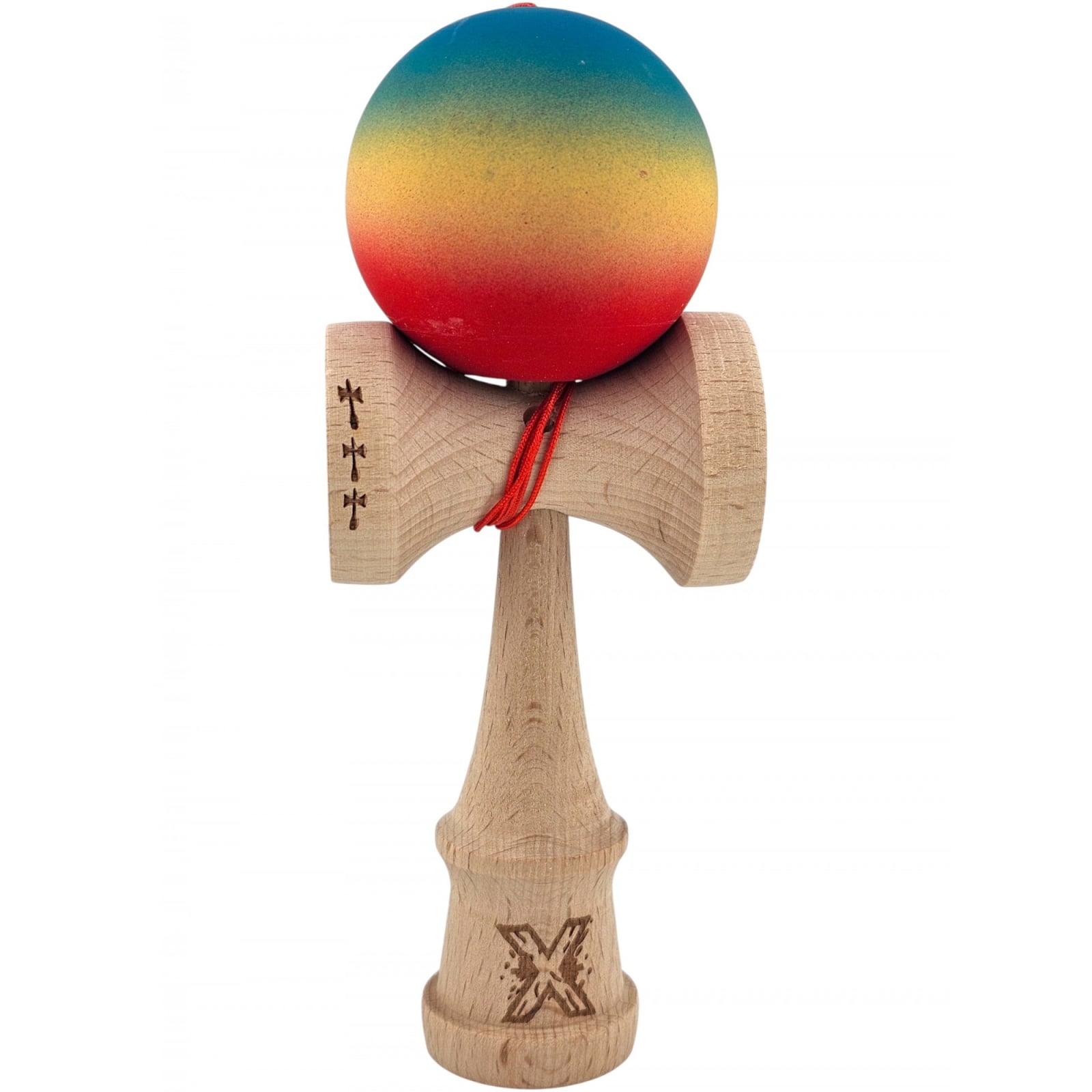 Kendama X Originala, Profesionala, Klevo, Big Cups V2, Rubber Grip cu Cupe Mari, Rulment Metalic cu Ata 55 cm, Gradient Albastru/Galben/Rosu