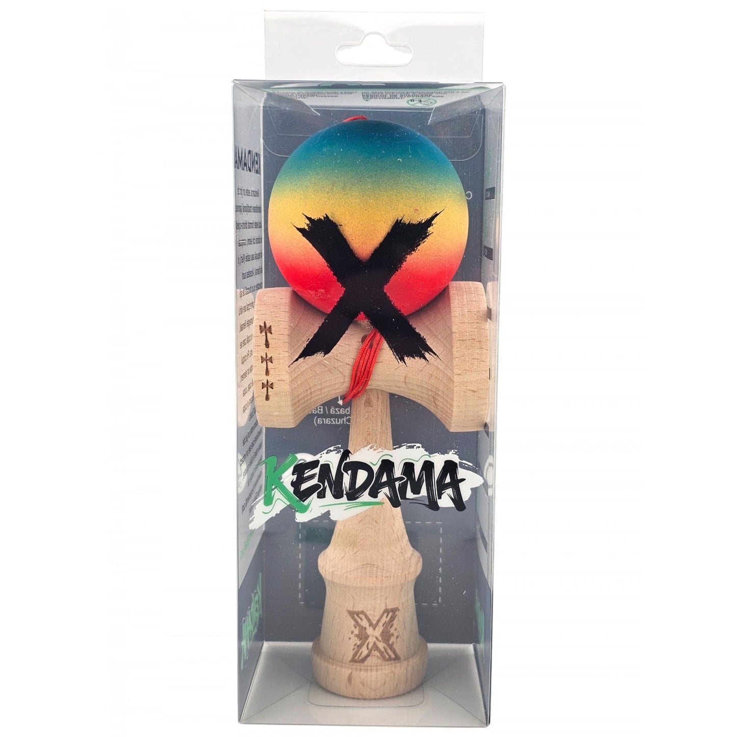 Kendama X Originala, Profesionala, Klevo, Big Cups V2, Rubber Grip cu Cupe Mari, Rulment Metalic cu Ata 55 cm, Gradient Albastru/Galben/Rosu