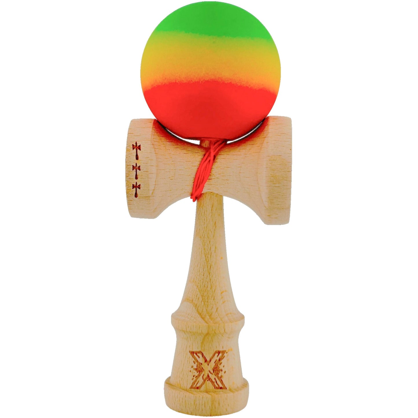 Kendama X Originala, Profesionala, Klevo, Big Cups V2, Rubber Grip cu Cupe Mari, Rulment Metalic cu Ata 55 cm, Verde/Galben/Rosu