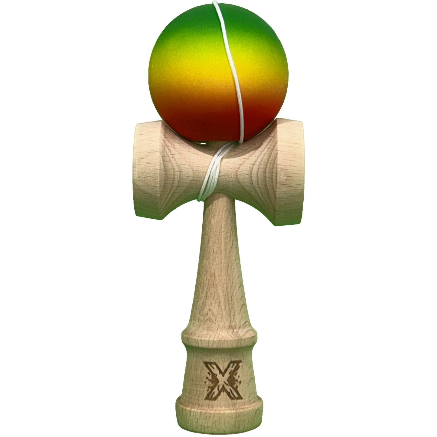 Kendama X Originala, Profesionala, Klevo, din Lemn cu Bila Cauciucata, 18 cm, Gradient Verde/Galben/Rosu
