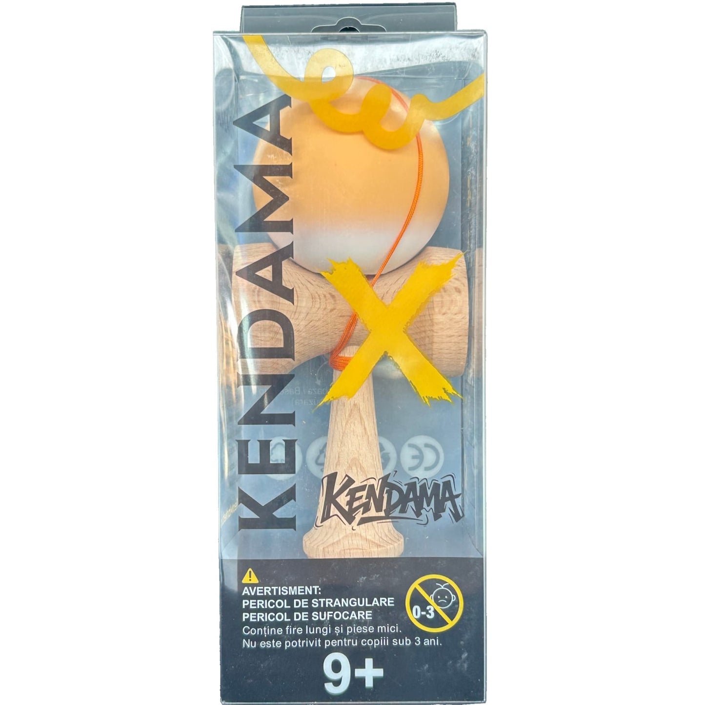 Kendama X Originala, Profesionala, Klevo, din Lemn cu Bila cu Invelis din Cauciuc, 18 x 6 x 7 cm, Rubber Grip, Portocaliu/Alb