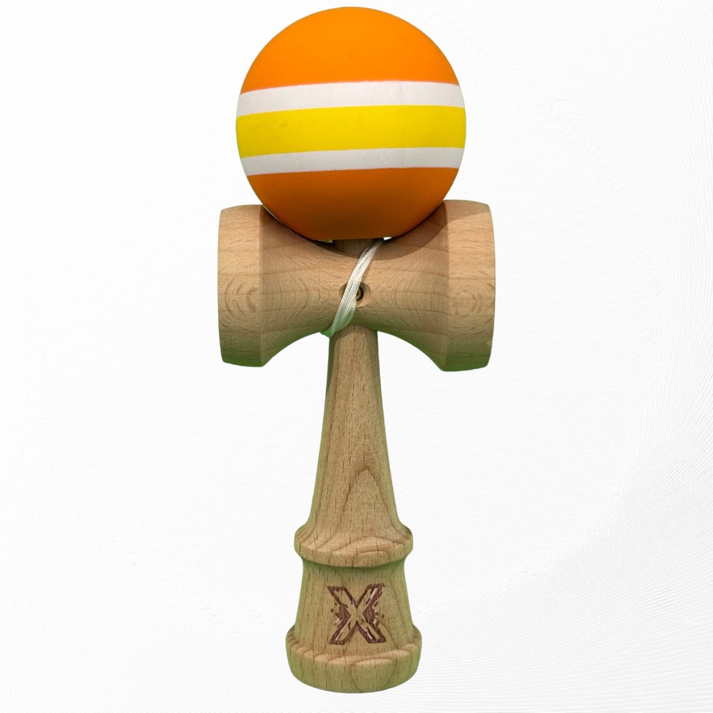 Kendama X Originala, Profesionala, Klevo, din Lemn cu Bila cu Invelis din Cauciuc, 18 x 6 x 7 cm, Rubber Grip, Portocaliu/Galben/Alb