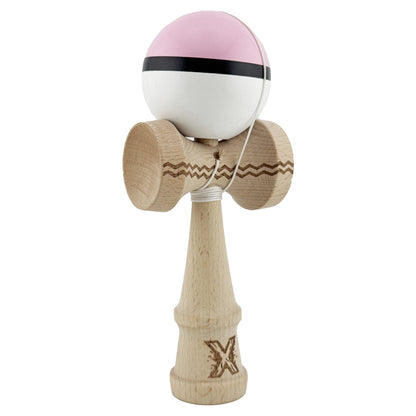 Kendama X Originala, Profesionala, Klevo, Gravata cu Cupe Mari V2, Super Sticky, Gaura in Baza, Rulment Metalic, din lemn 18 cm, Ata 55 cm, Roz/Negru/Alb