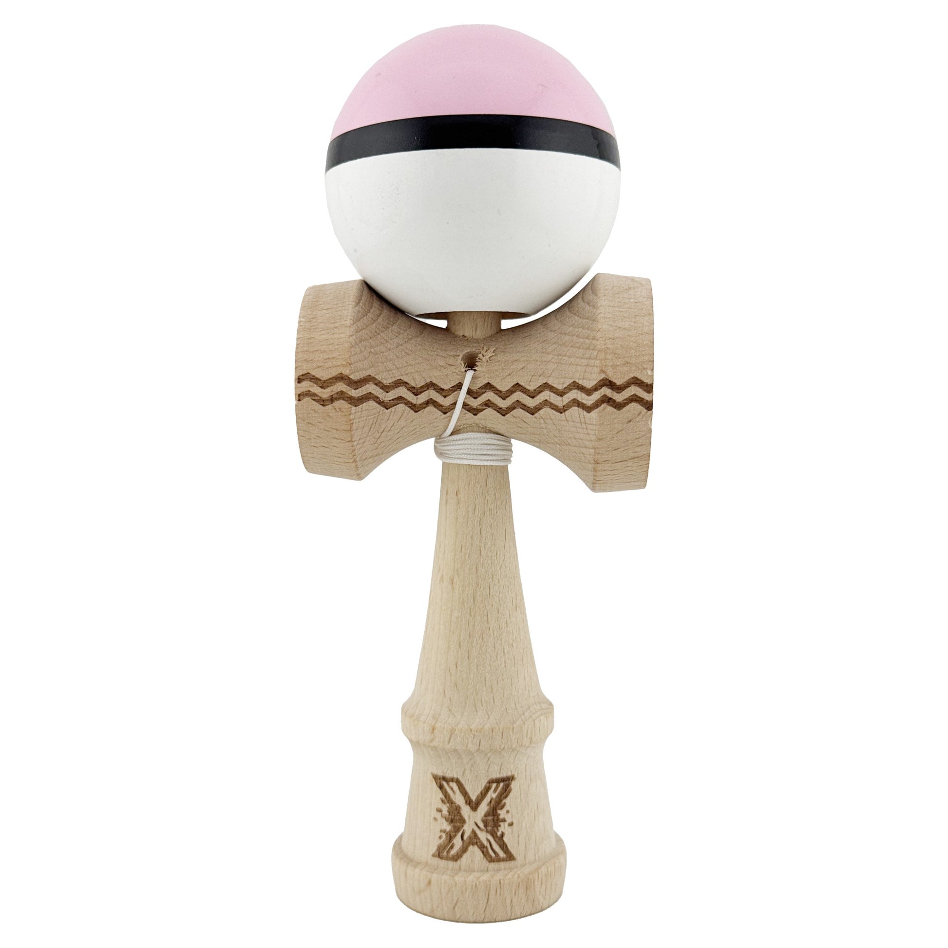 Kendama X Originala, Profesionala, Klevo, Gravata cu Cupe Mari V2, Super Sticky, Gaura in Baza, Rulment Metalic, din lemn 18 cm, Ata 55 cm, Roz/Negru/Alb
