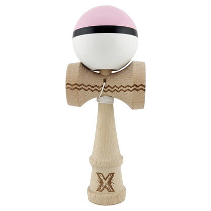 Kendama X Originala, Profesionala, Klevo, Gravata cu Cupe Mari V2, Super Sticky, Gaura in Baza, Rulment Metalic, din lemn 18 cm, Ata 55 cm, Roz/Negru/Alb