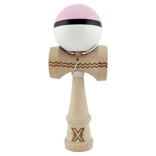 Kendama X Originala, Profesionala, Klevo, Gravata cu Cupe Mari V2, Super Sticky, Gaura in Baza, Rulment Metalic, din lemn 18 cm, Ata 55 cm, Roz/Negru/Alb