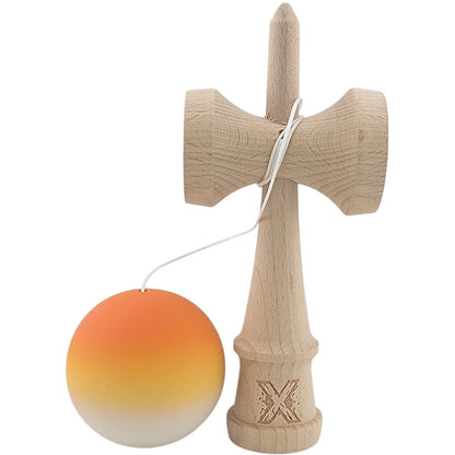 Kendama X Originala, Profesionala, Klevo, din Lemn, Rubber Grip, 18 cm, Portocaliu/Galben/Alb