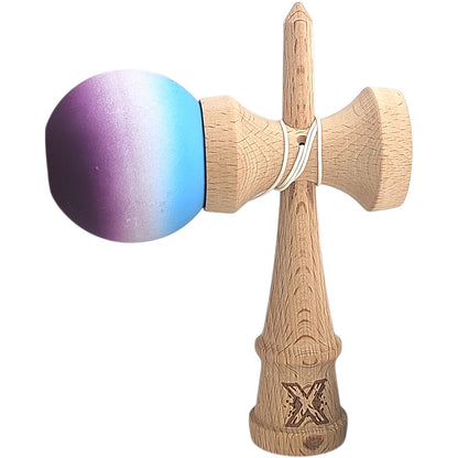 Kendama X Originala, Profesionala, Klevo, din Lemn, Rubber Grip, 18 cm, Albastru/Alb/Violet