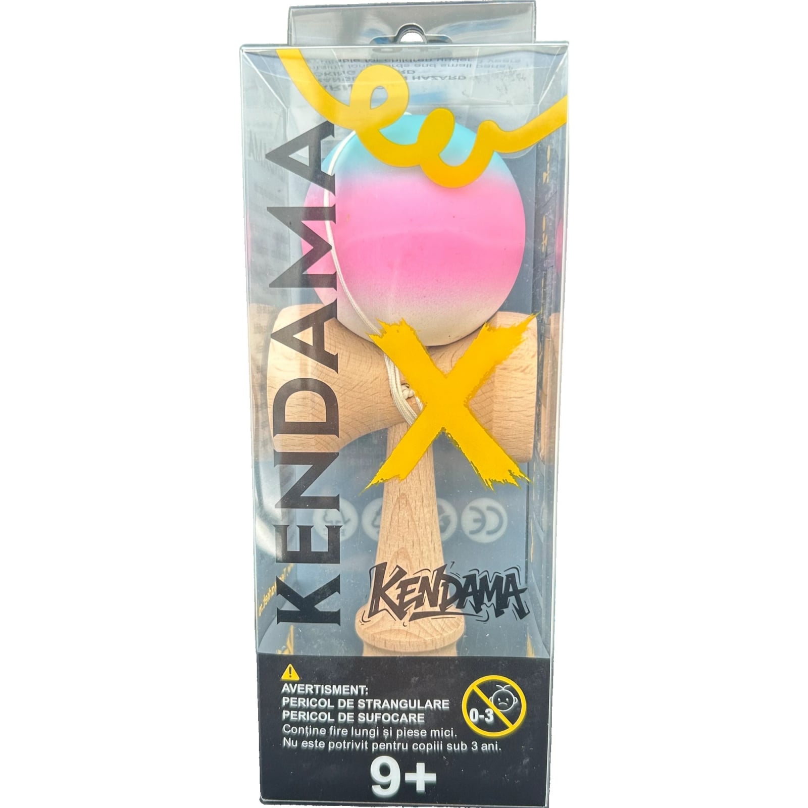 Kendama X Originala, Profesionala, Klevo, din Lemn, Rubber Grip, 18 cm, Gradient Albastru/Roz/Alb