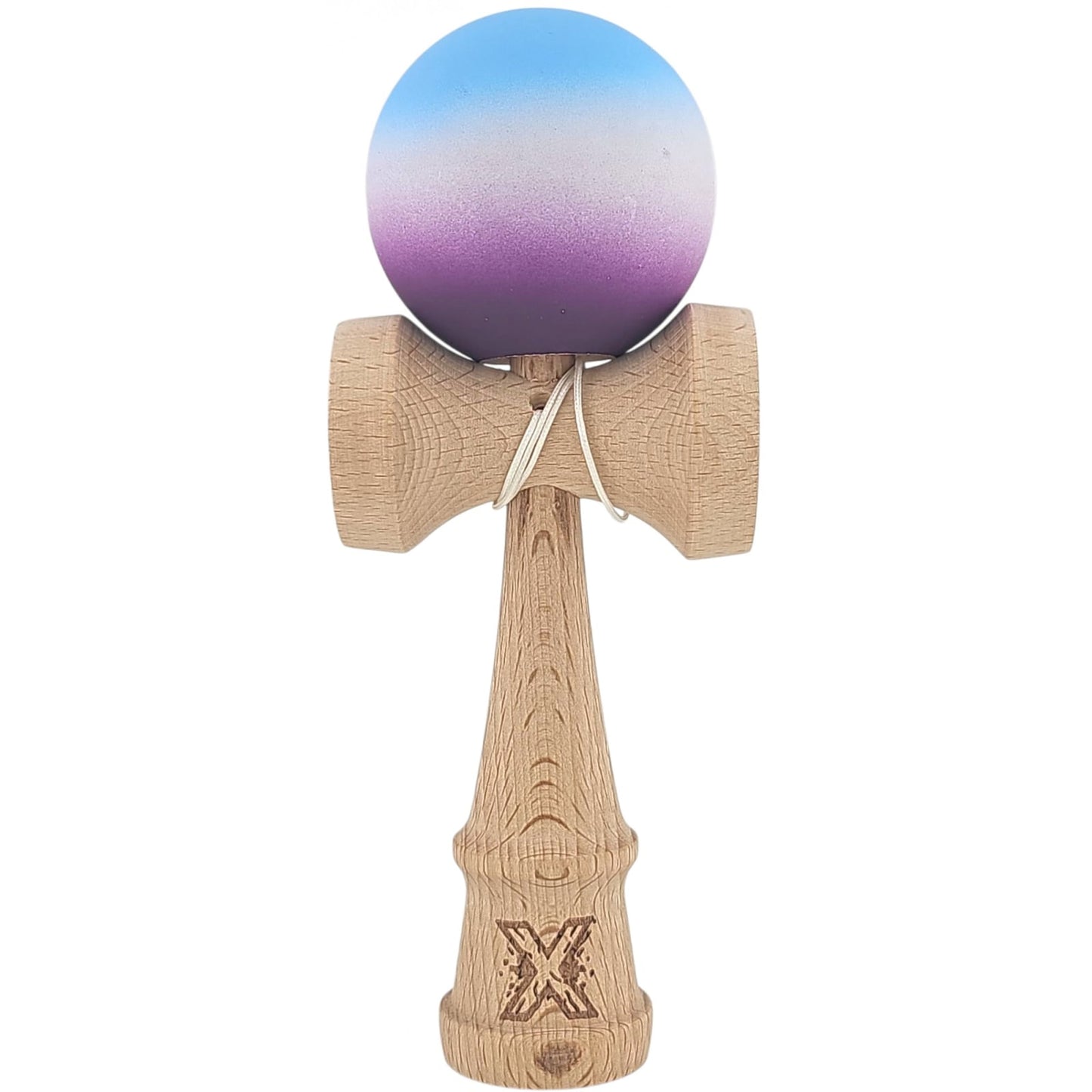 Kendama X Originala, Profesionala, Klevo, din Lemn, Rubber Grip, 18 cm, Albastru/Alb/Violet