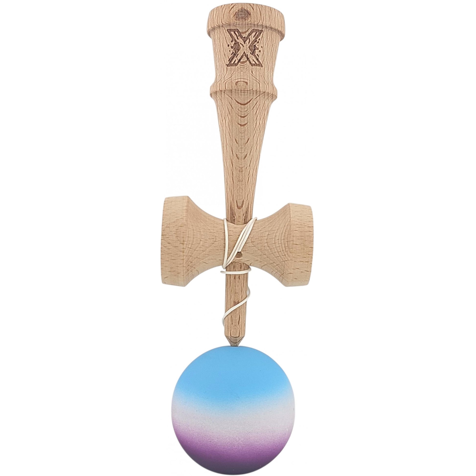 Kendama X Originala, Profesionala, Klevo, din Lemn, Rubber Grip, 18 cm, Albastru/Alb/Violet
