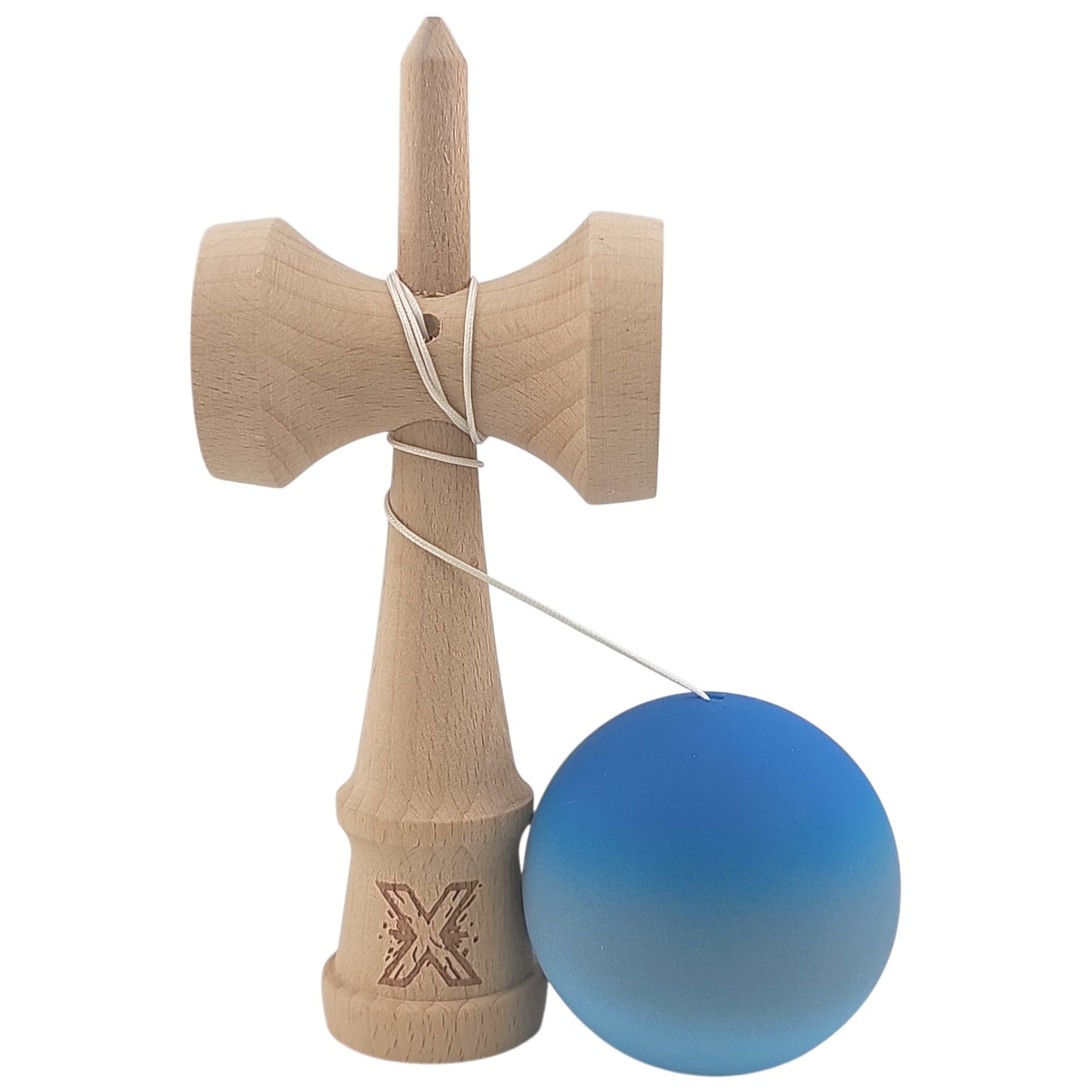 Kendama X Originala, Profesionala, Klevo, din Lemn, Rubber Grip, 18 cm, Albastru/Gri/Bleu