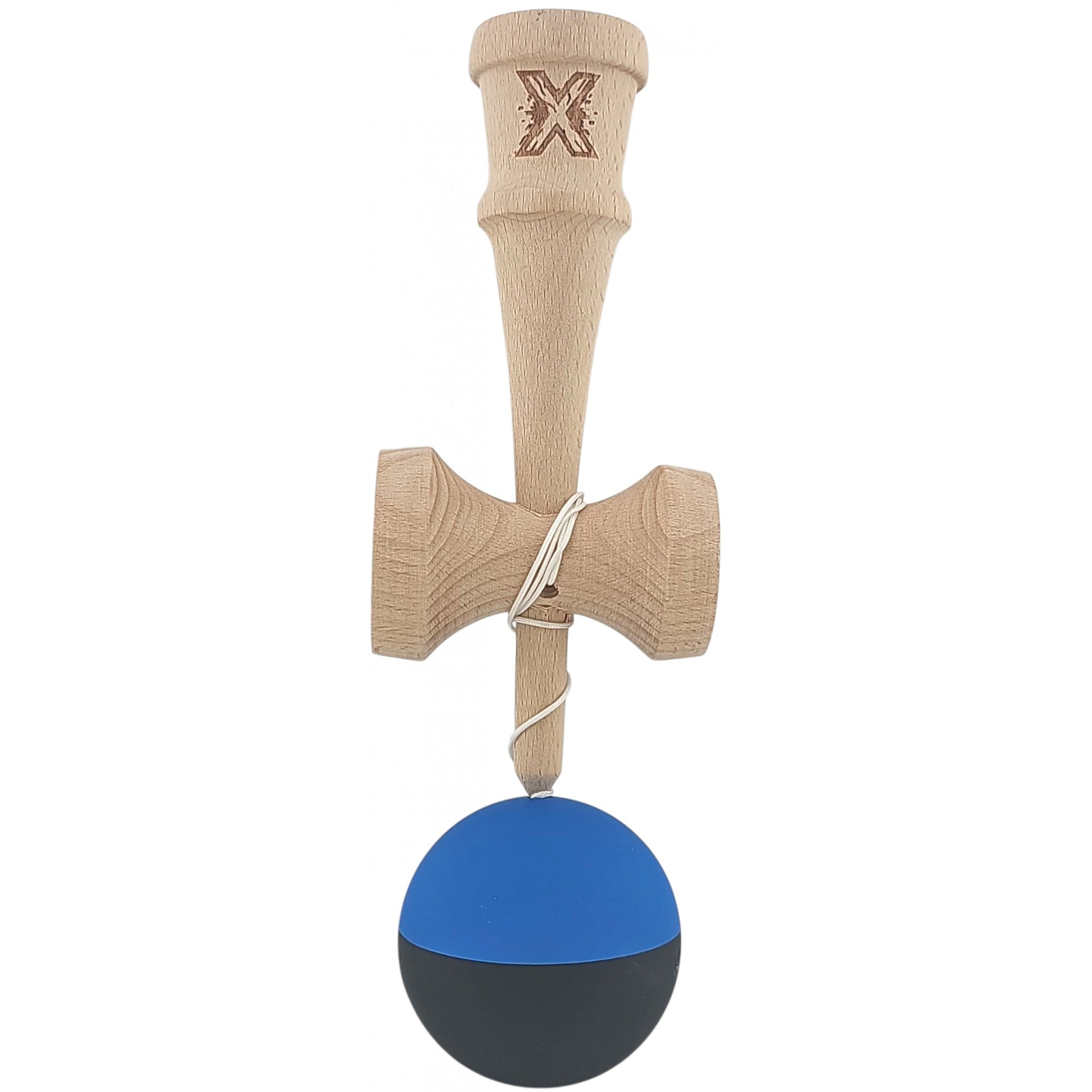 Kendama X Originala, Profesionala, Klevo, din Lemn, Rubber Grip, 18 cm, Albastru/Negru