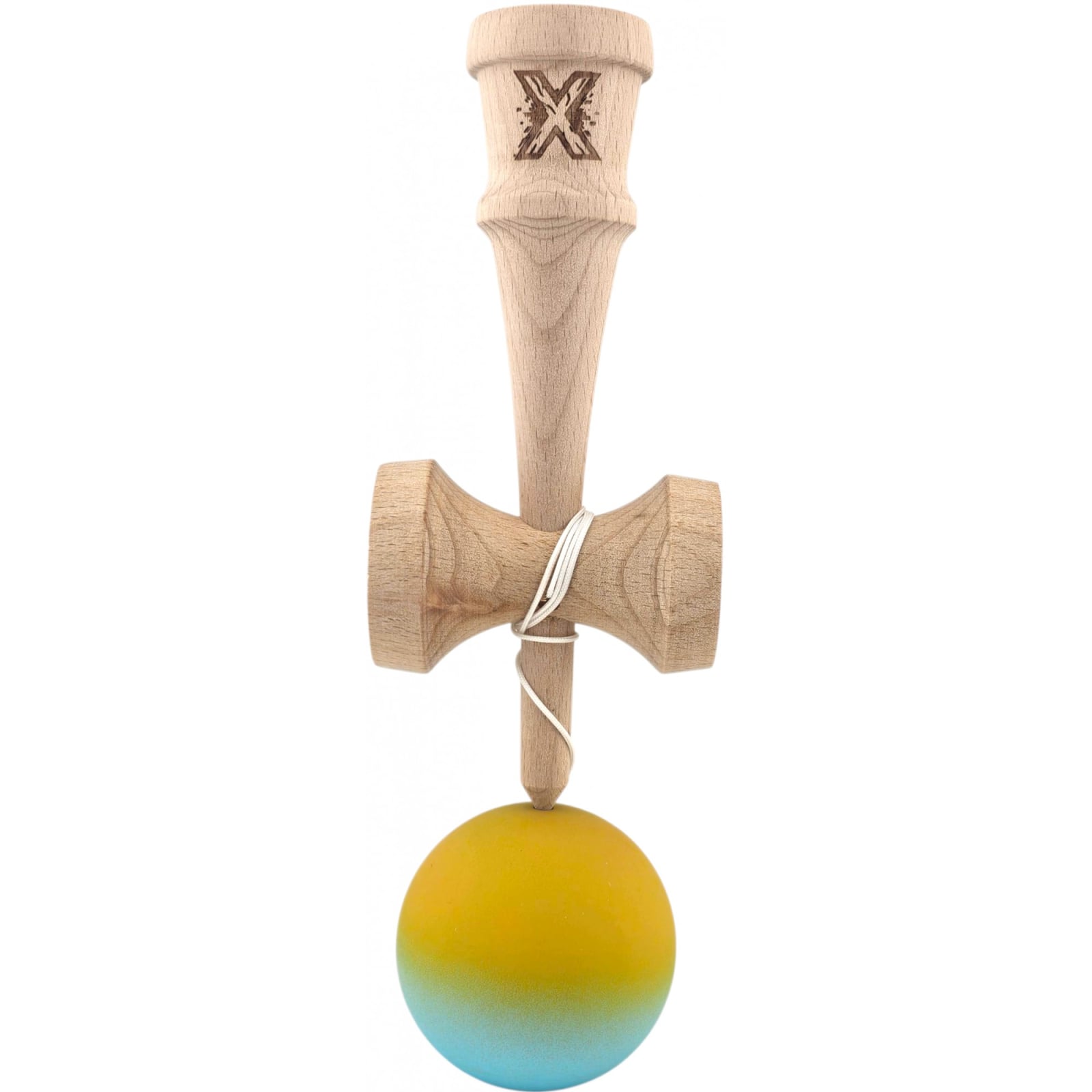 Kendama X Originala, Profesionala, Klevo, din Lemn, Rubber Grip, 18 cm, Galben/Albastru