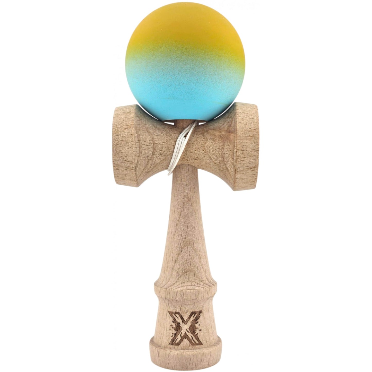 Kendama X Originala, Profesionala, Klevo, din Lemn, Rubber Grip, 18 cm, Galben/Albastru