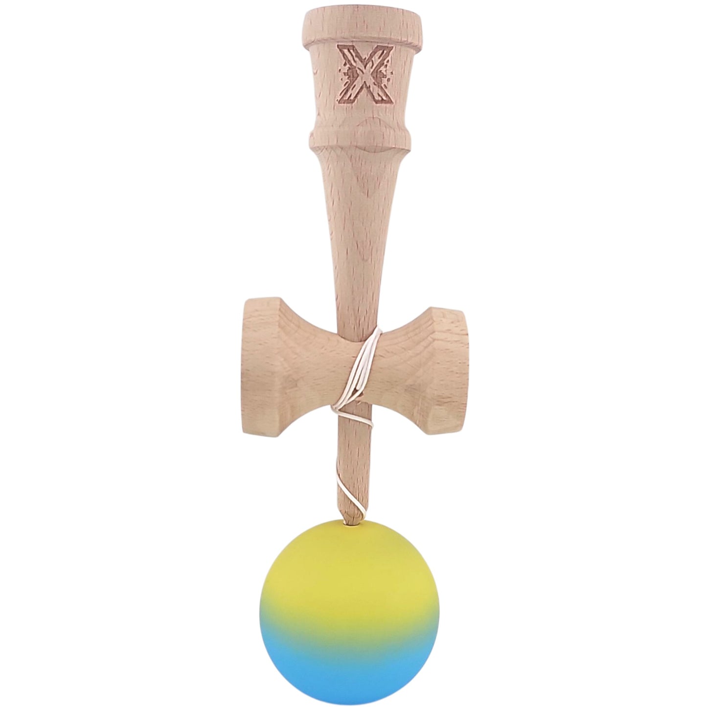 Kendama X Originala, Profesionala, Klevo, 18 cm, Profesionala, +9 Ani, din Lemn, Gradient Galben/Albastru
