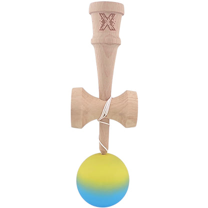 Kendama X Originala, Profesionala, Klevo, 18 cm, Profesionala, +9 Ani, din Lemn, Gradient Galben/Albastru