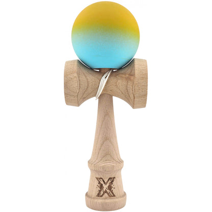Kendama X Originala, Profesionala, Klevo, din Lemn, Rubber Grip, 18 cm, Galben/Albastru