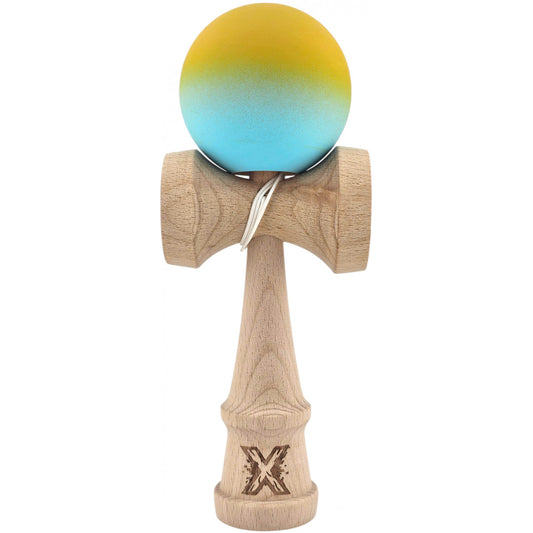 Kendama X Originala, Profesionala, Klevo, din Lemn, Rubber Grip, 18 cm, Galben/Albastru
