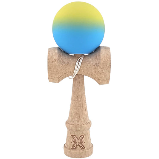 Kendama X Originala, Profesionala, Klevo, 18 cm, Profesionala, +9 Ani, din Lemn, Gradient Galben/Albastru