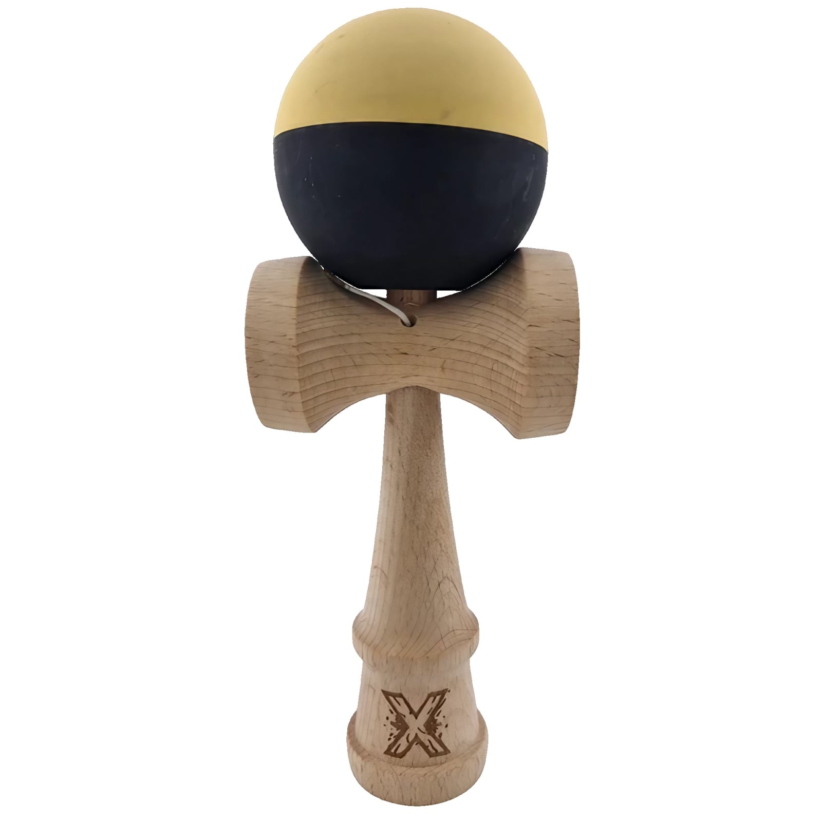 Kendama X Originala, Profesionala, Klevo, din Lemn, Rubber Grip, 18 cm, Galben/Negru