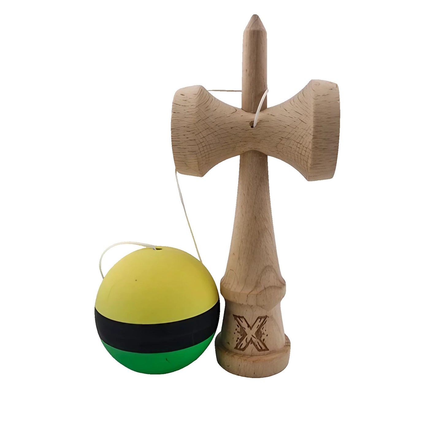 Kendama X Originala, Profesionala, Klevo, din Lemn, Rubber Grip, 18 cm, Galben/Negru/Verde