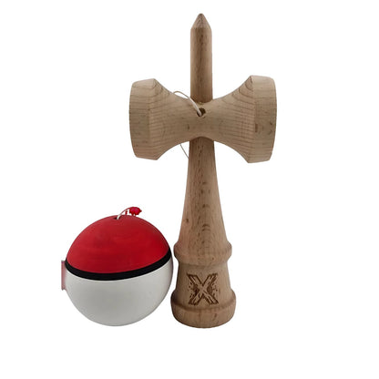 Kendama X Originala, Profesionala, Klevo, din Lemn, Rubber Grip, 18 cm, Rosu/Alb