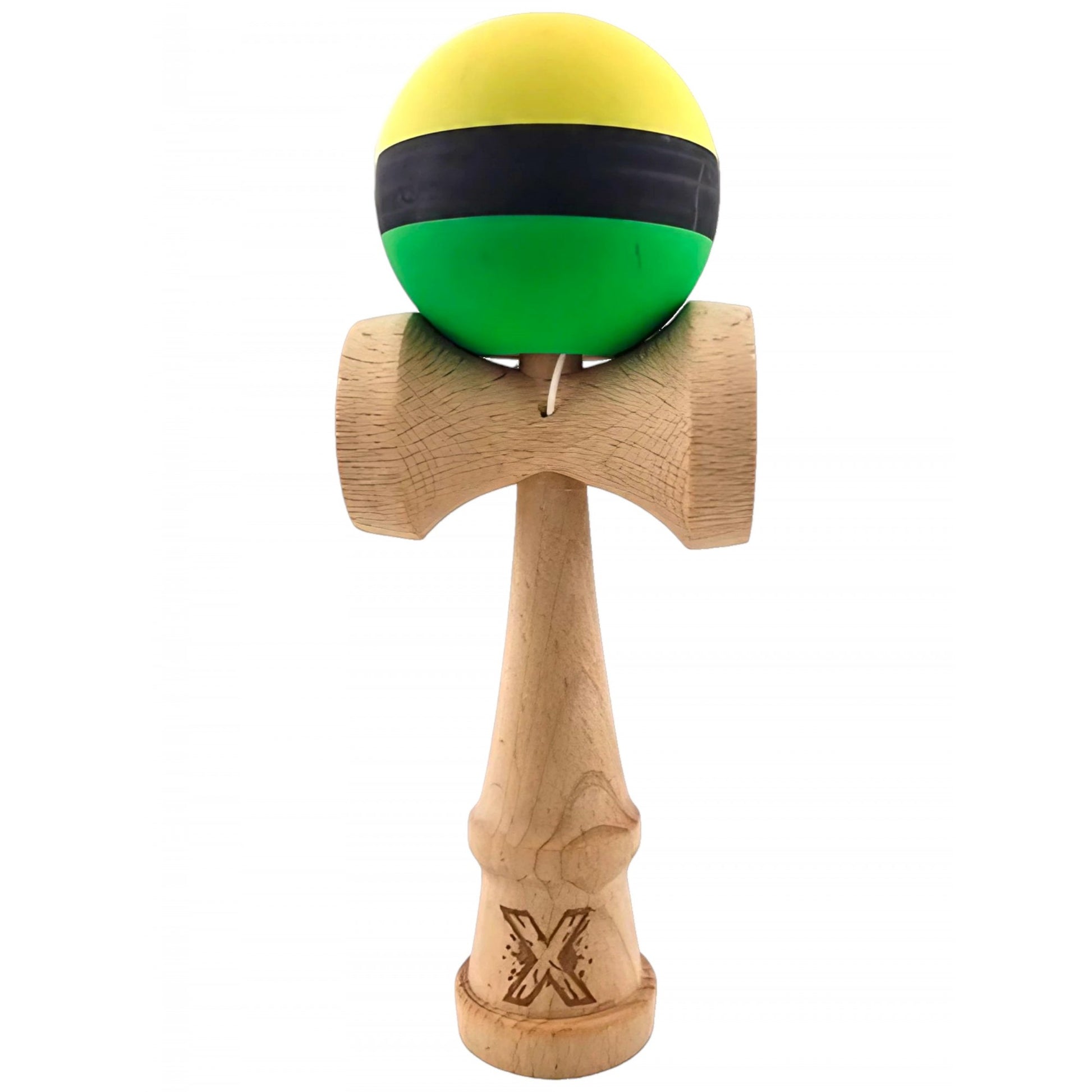 Kendama X Originala, Profesionala, Klevo, din Lemn, Rubber Grip, 18 cm, Galben/Negru/Verde