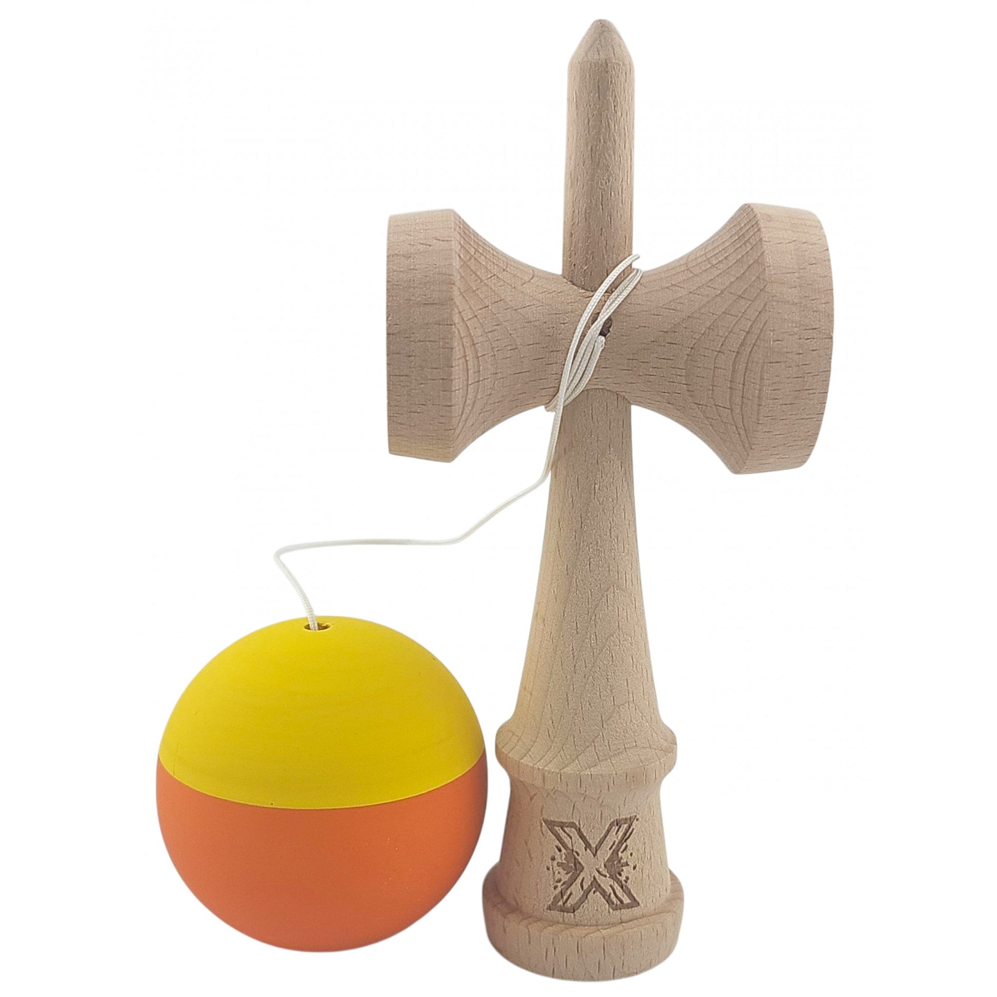 Kendama X Originala, Profesionala, Klevo, din Lemn, Rubber Grip, 18 cm, Galben/Portocaliu