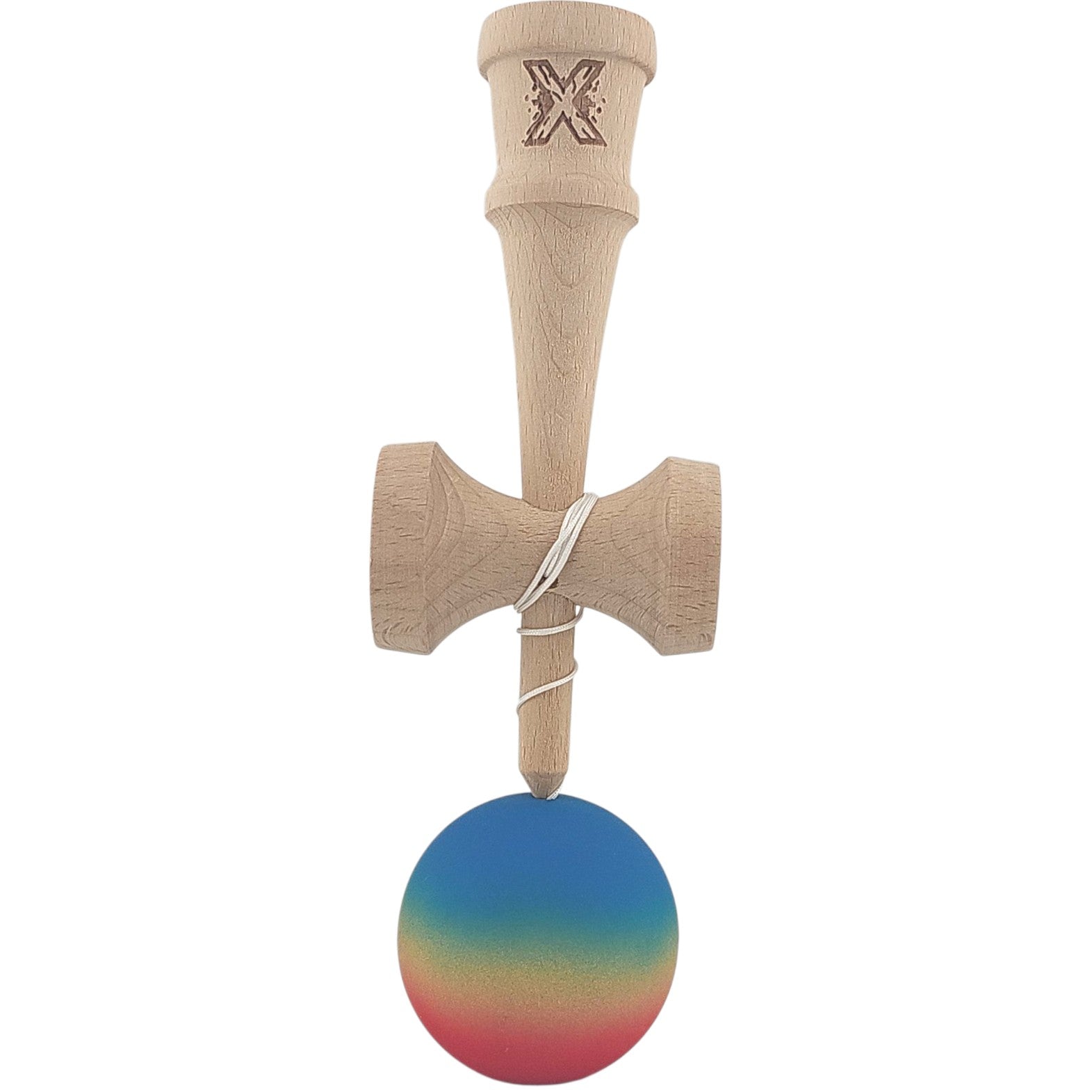 Kendama X Originala, Profesionala, Klevo, din Lemn, Rubber Grip, 18 cm, Gradient Albastru/Galben/Rosu