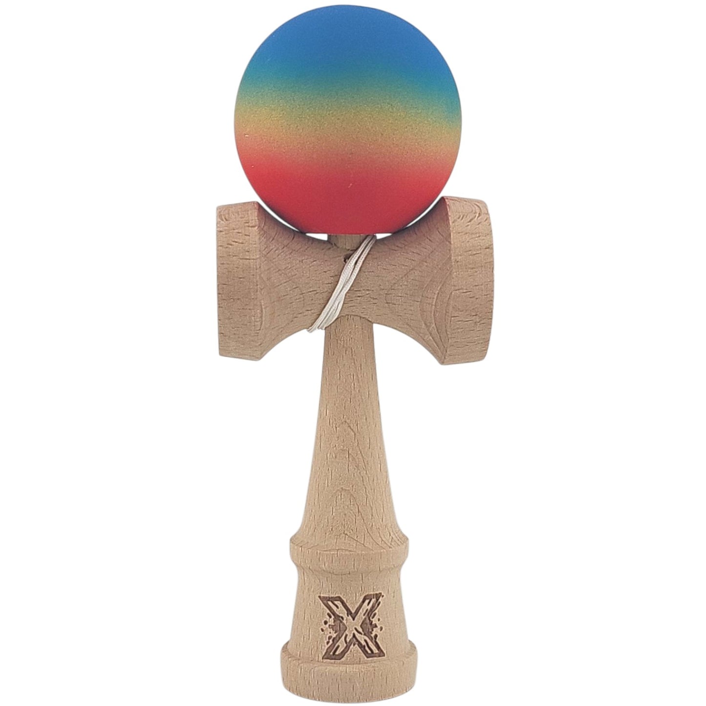 Kendama X Originala, Profesionala, Klevo, din Lemn, Rubber Grip, 18 cm, Gradient Albastru/Galben/Rosu