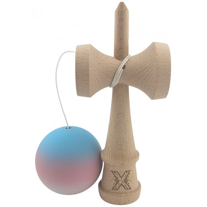 Kendama X Originala, Profesionala, Klevo, din Lemn, Rubber Grip, 18 cm, Gradient Albastru/Roz/Alb
