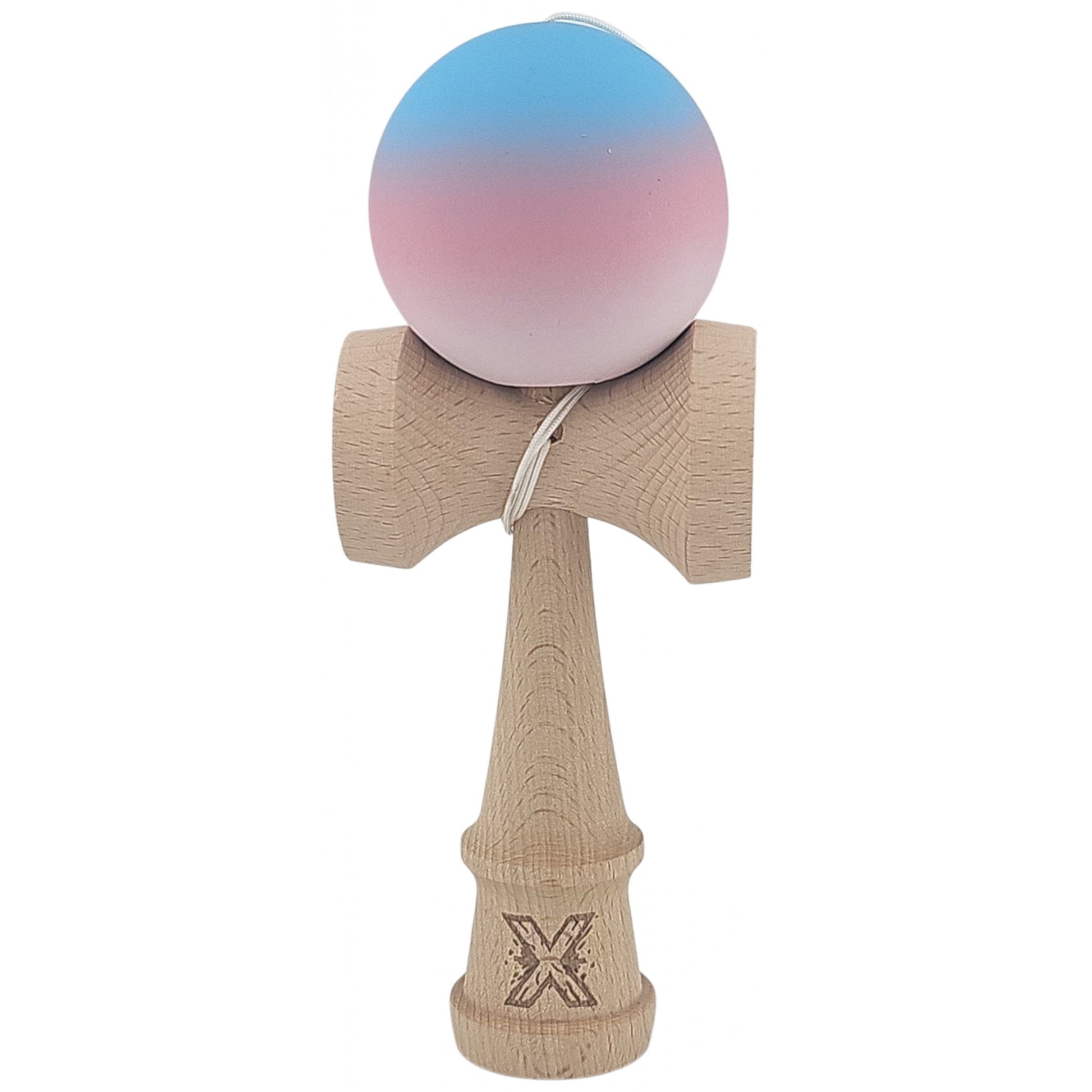 Kendama X Originala, Profesionala, Klevo, din Lemn, Rubber Grip, 18 cm, Gradient Albastru/Roz/Alb