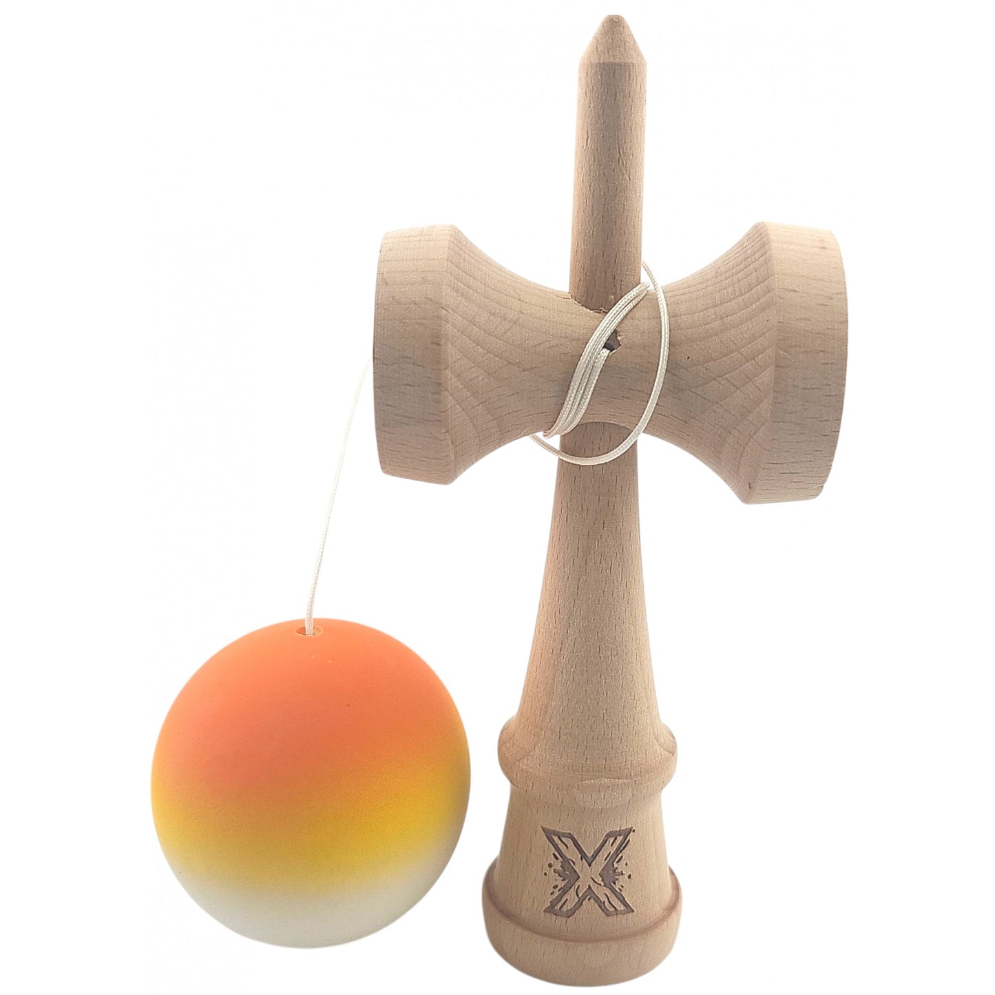 Kendama X Originala, Profesionala, Klevo, din Lemn, Rubber Grip, 18 cm, Gradient Portocaliu/Galben/Alb